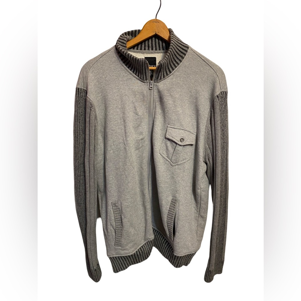 bar III Mens XXL Cardigan‎ Gray Ribbed Sweater Full Zip Knit Cotton